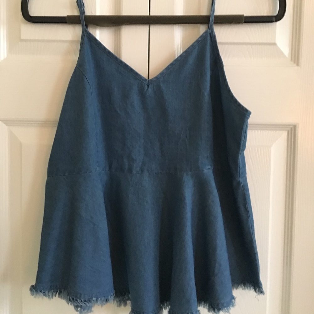 Denim peplum tank top with frayed hem, size M. EUC
